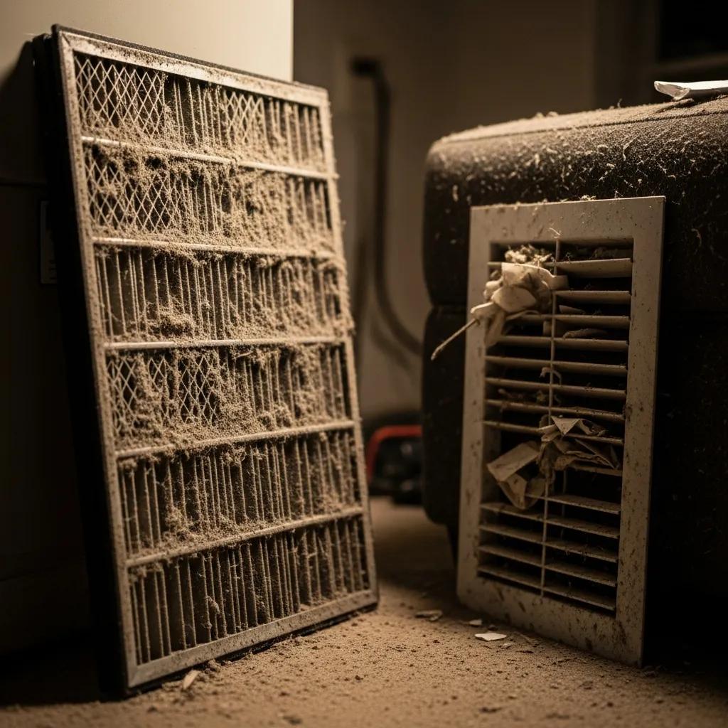 Dirty air filter next to a blocked vent, illustrating common causes of uneven heating