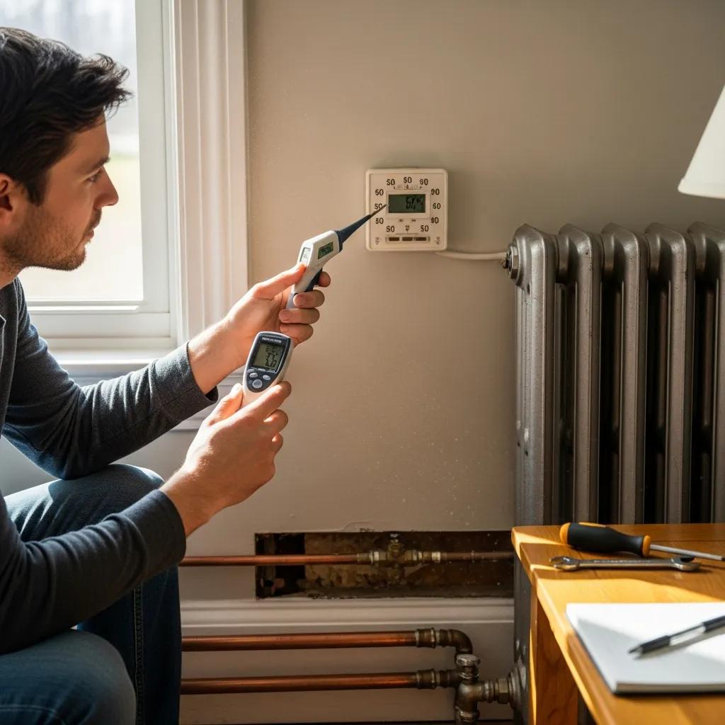 Homeowner checking a thermostat with a small thermometer to diagnose uneven heating