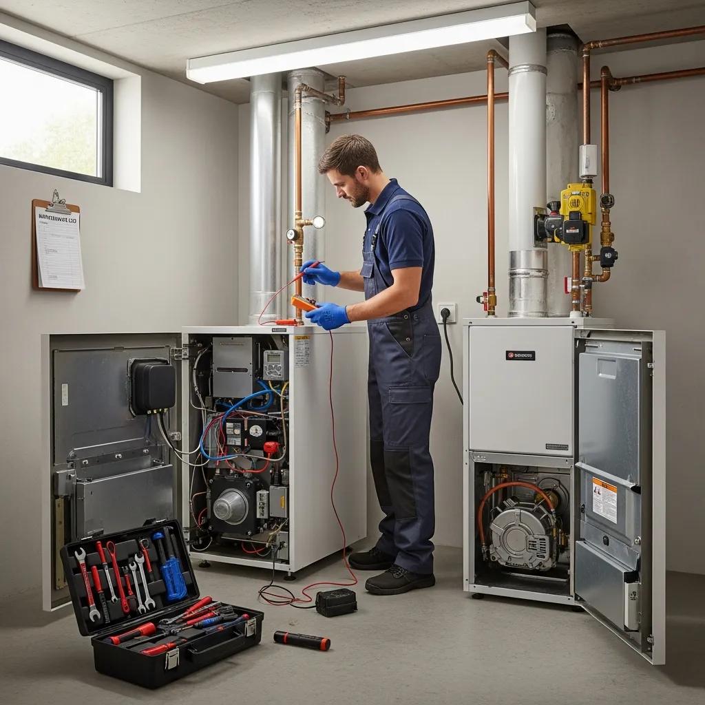 A technician servicing a boiler and checking a furnace, showing typical maintenance tasks
