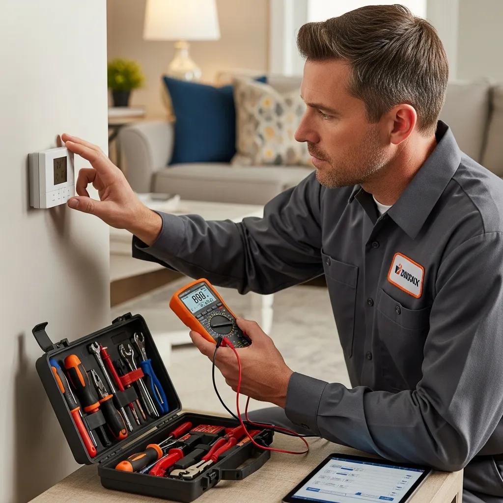 HVAC technician inspecting a thermostat, emphasizing the importance of professional service and maintenance