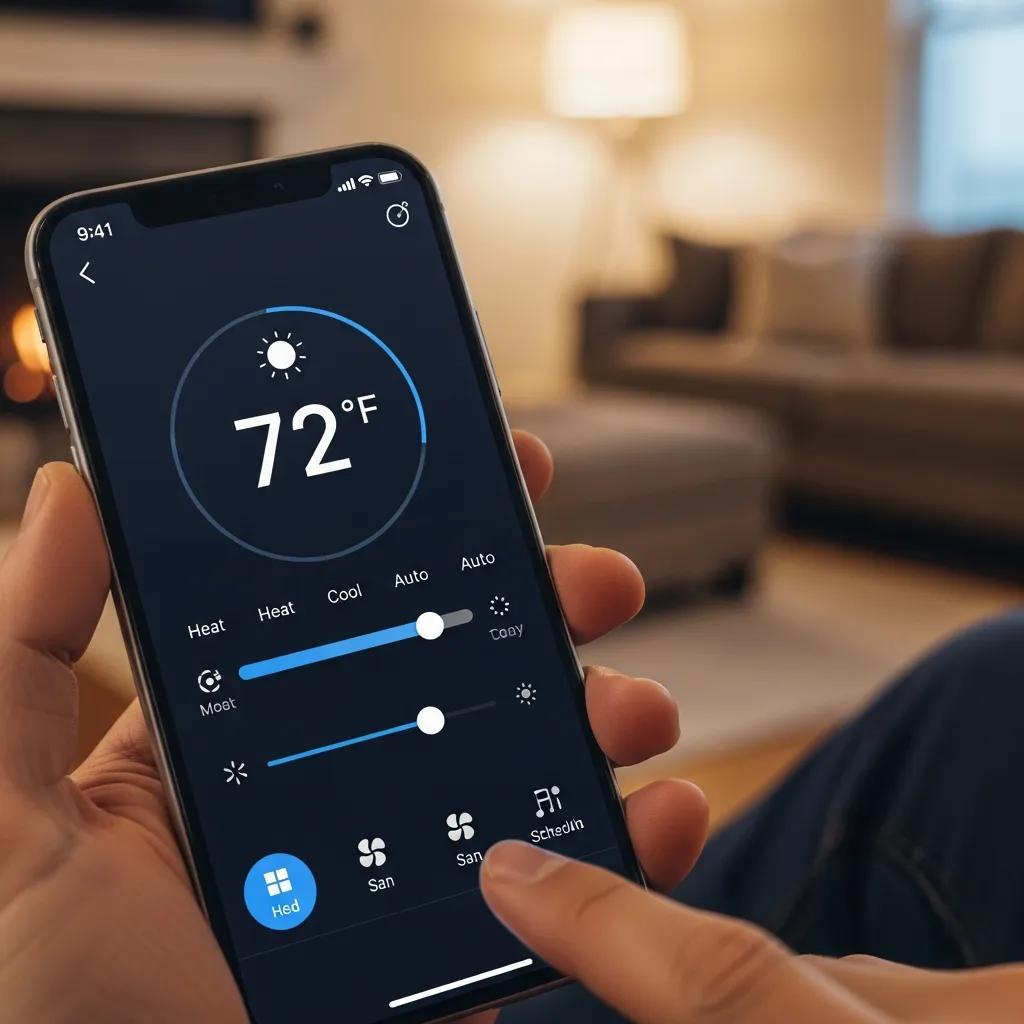 User adjusting a programmable thermostat via smartphone app, illustrating modern comfort and efficiency