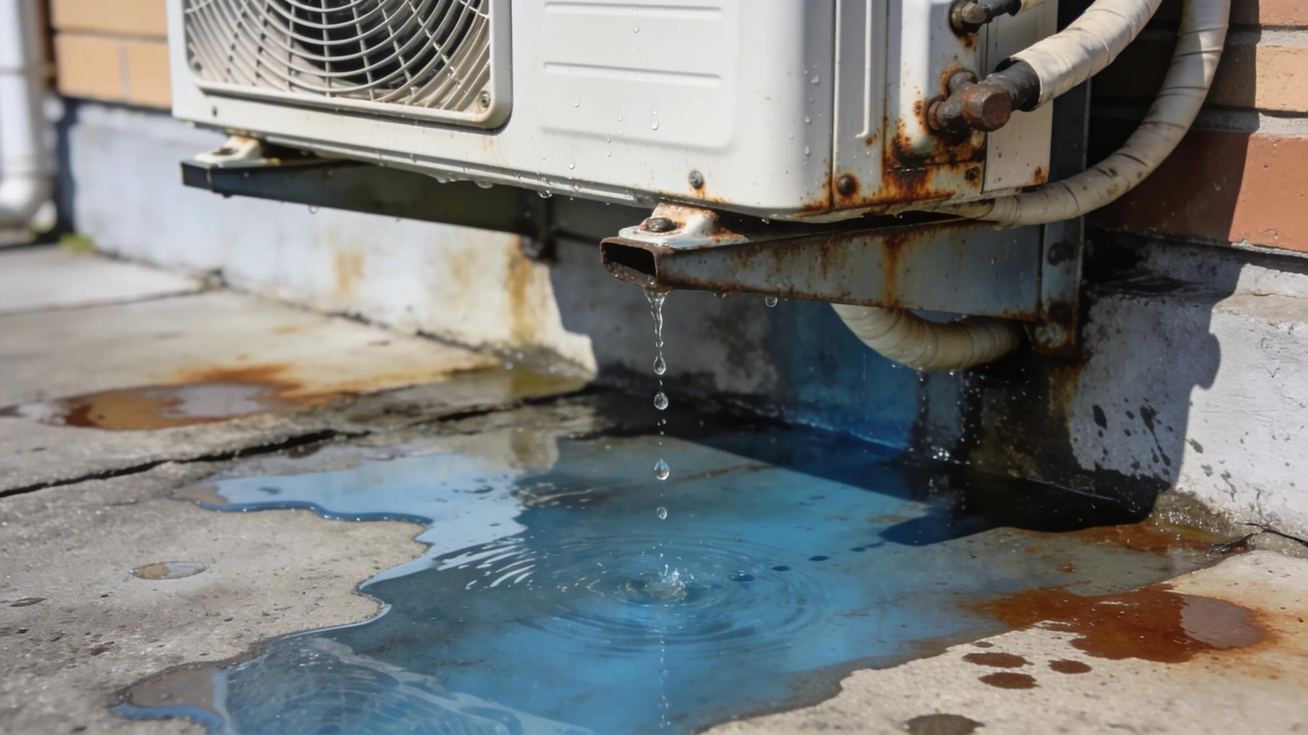 Spot the Signs: AC Not Cooling? Time for a Pro Repair! 2 Water pooling around an air conditioning unit, indicating potential leakage issues