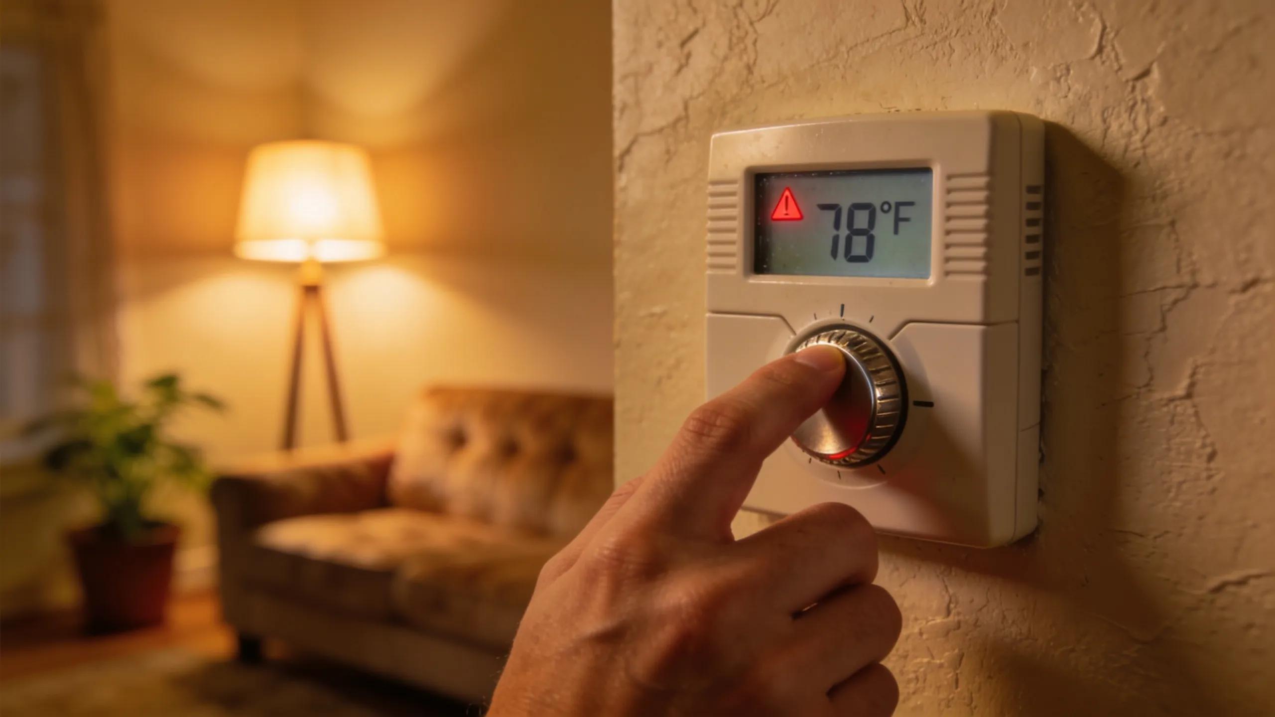 Spot the Signs: AC Not Cooling? Time for a Pro Repair! 3 Close-up of a hand adjusting a faulty thermostat, highlighting its role in cooling failure